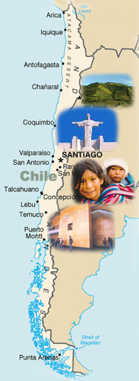 Map of Chile including image of Christ of the Andes sculpture, the Andes, a child and building on campus of the Universidad.